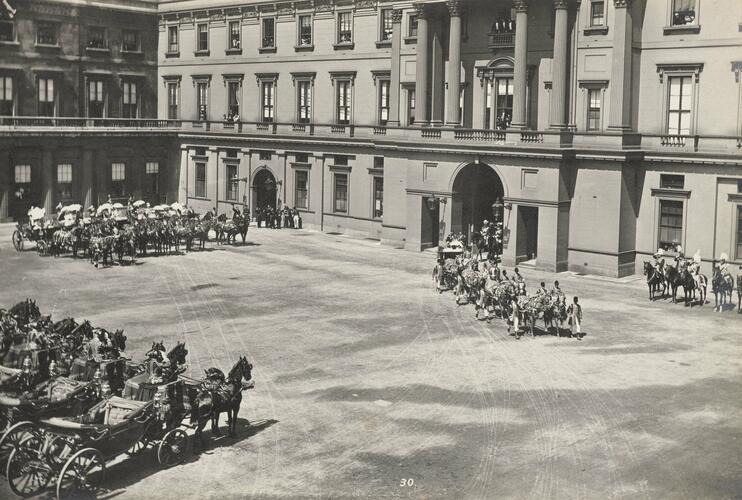 Photograph of Queen Victoria entering Buckingham Palace courtyard, June 22nd 1897