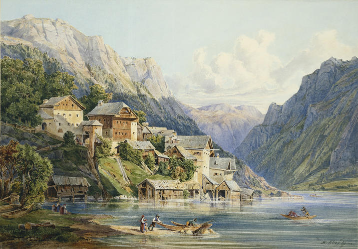 Village by a lake, in a mountainous setting