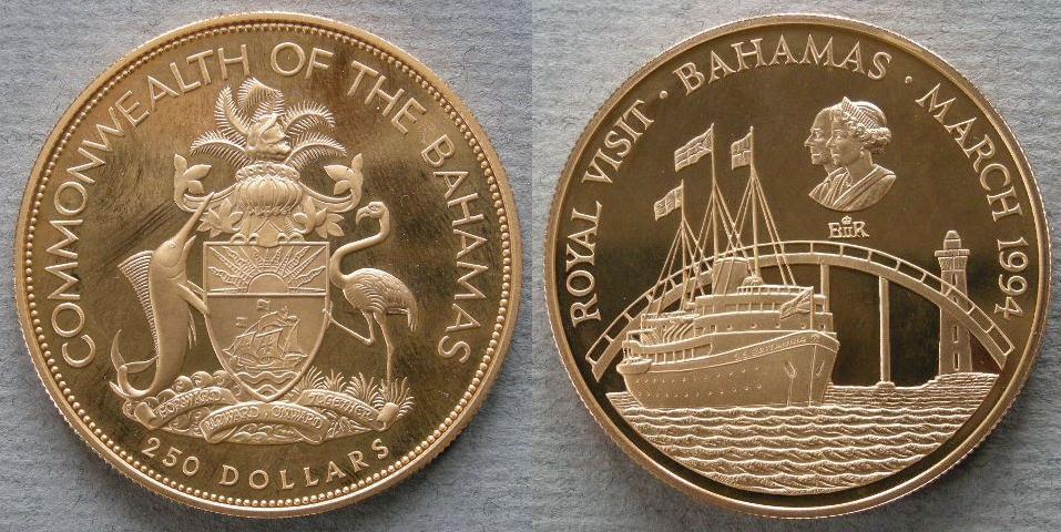 Bahamas. Proof 250 dollars, commemorating the Royal visit to the Bahamas, March 1994 Bahamas. Proof 250 dollars, commemorating the Royal visit to the Bahamas, March 1994