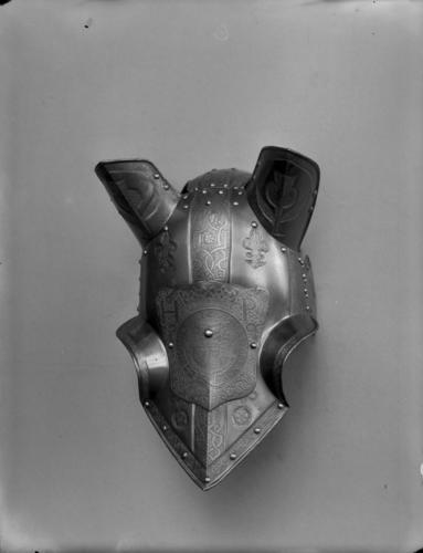 Glass plate negative of a Chanfron (horse armour) Glass plate negative of a Chanfron (horse armour)