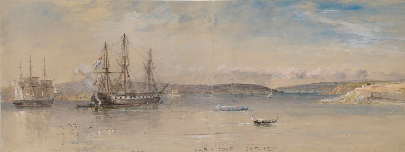 HMS Galatea refitting at Farm Cove, Sydney Harbour, February 1868