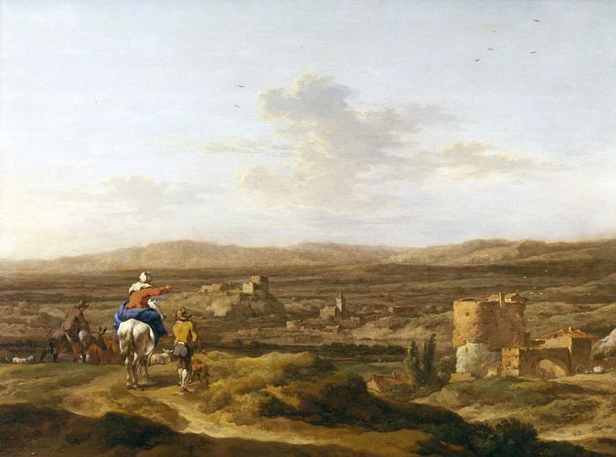 Italian Landscape with Figures and Animals: a Village on a Mountain Plateau