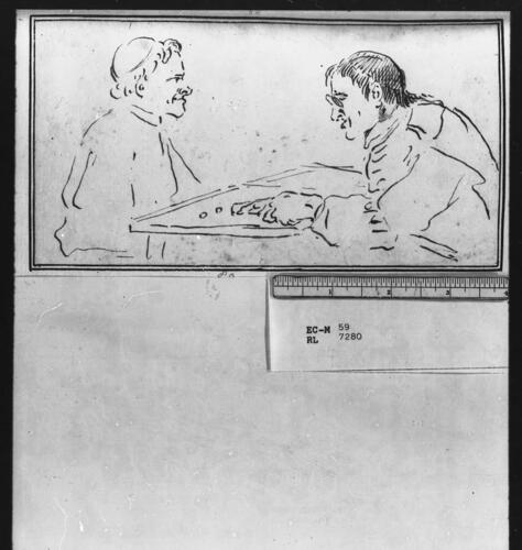 Two priests, both in skull caps, seated at a game with dice