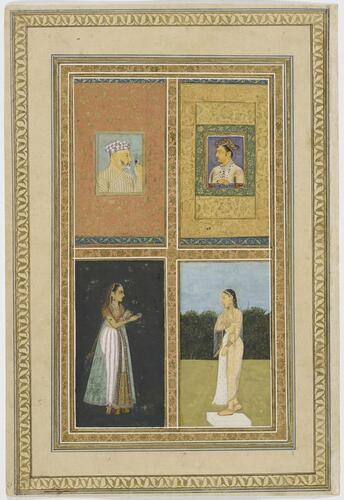Master: Mughal album of portraits, animals and birds.
Item: Portraits of two Mughal noblemen and two ladies and painting of a falcon Master: Mughal album of portraits, animals and birds.
Item: Portraits of two Mughal noblemen and two ladies and painting of a falcon