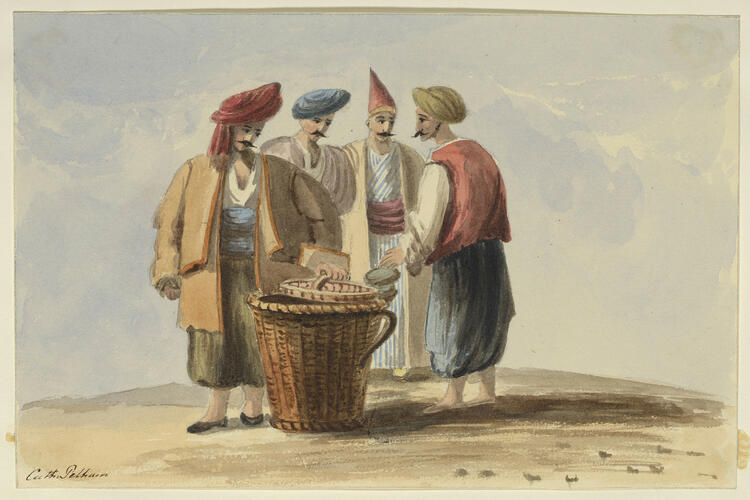 Turkish figures round a large basket Turkish figures round a large basket
