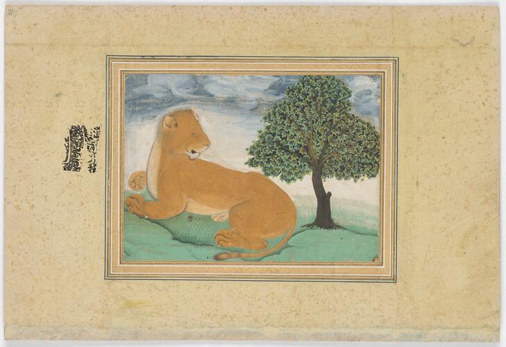 Master: Mughal album of portraits, animals and birds.
Item: Paintings of Persian men in a garden and a lioness