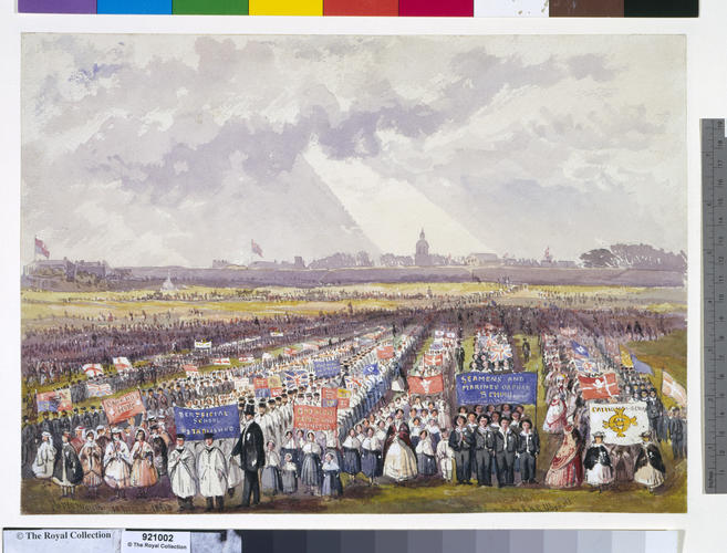 Free School children advancing to sing 'God Save the Queen' at Portsmouth