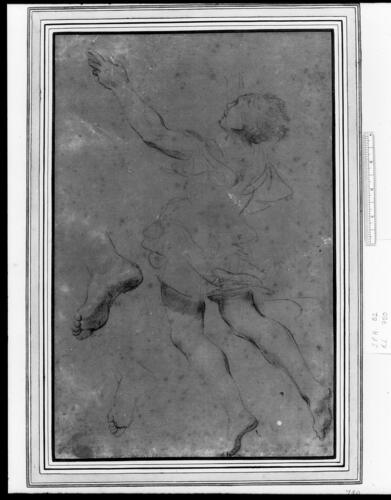 A figure, full length, with raised arms; two studies of a foot