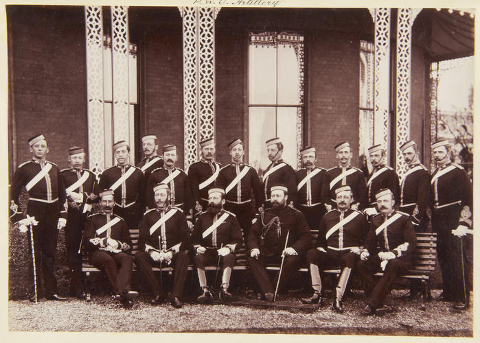 Officers of the P. W. O. Artillery, Yarmouth, May 1885 with their Royal Highness The Prince of Wales and Prince Albert Victor. [Album: Photographic Portraits Vol. 5/63 1875-1889]