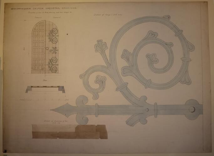 St Mildred's church, Whippingham: detail drawing no. 37 (south porch door ironwork) St Mildred's church, Whippingham: detail drawing no. 37 (south porch door ironwork)