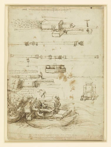 Recto: Designs for gun-barrels and mortars. Verso: A town wall being blown up