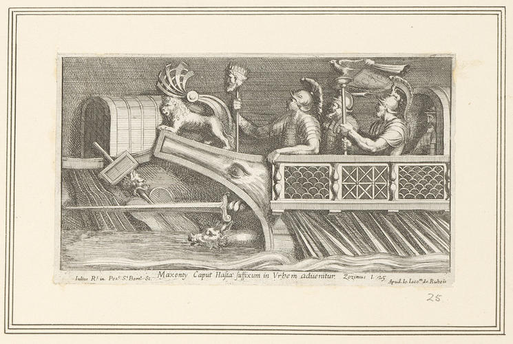 Master: A set of prints reproducing narrative scenes from the Sala di Costantino
Item: Maxentius' severed head stuck on a lance being transported on a boat