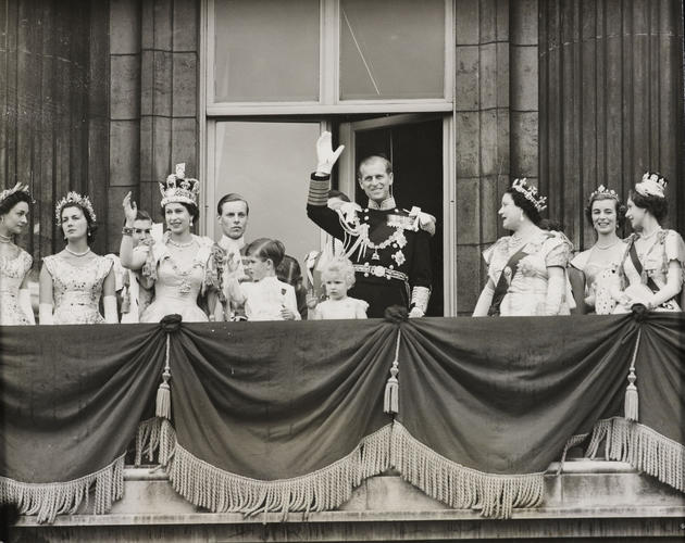 The Royal Family and attendants on the Buckingham Palace balcony before the RAF fly-past, 2 June 1953