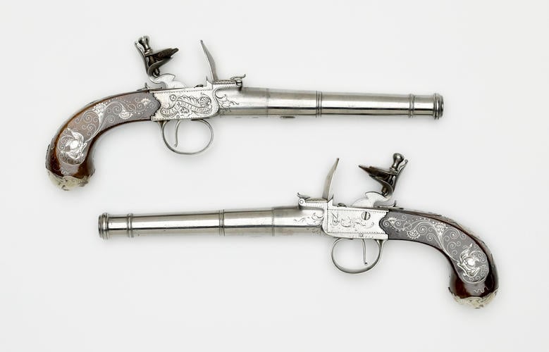 Master: Pair of box-lock, flintlock pistols with turn off barrels