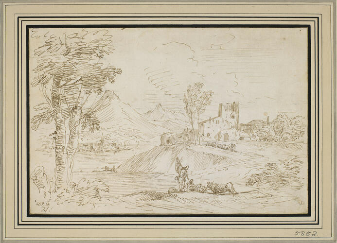 A landscape with a man carrying a fishing-net