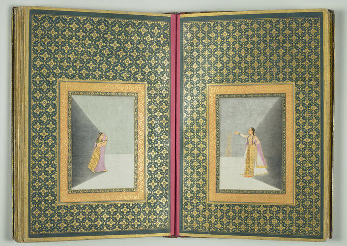 Master: A late Mughal album of calligraphy and paintings.
Item: Calligraphy by Mir Imad and Mughal painting of a princess holding a firework