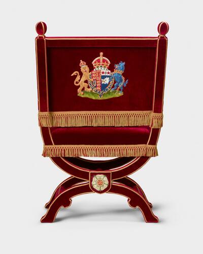 Master: Pair of throne chairs, used by King George VI and Queen Elizabeth and King Charles III and Queen Camilla
Item: Throne chair, used by Queen Elizabeth and Queen Camilla Master: Pair of throne chairs, used by King George VI and Queen Elizabeth and King Charles III and Queen Camilla
Item: Throne chair, used by Queen Elizabeth and Queen Camilla