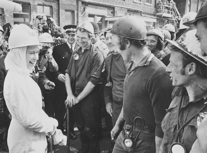 The Queen talking to miners at Silverwood Colliery
