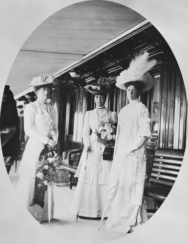 Queen Alexandra, Princess Victoria and Alexandra Feodorovna, Empress of Russia on the deck of the Russian Imperial Yacht Standart during the Cowes Regatta, 1909
