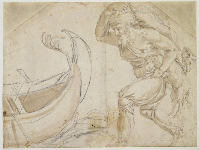A bearded man carrying two rams