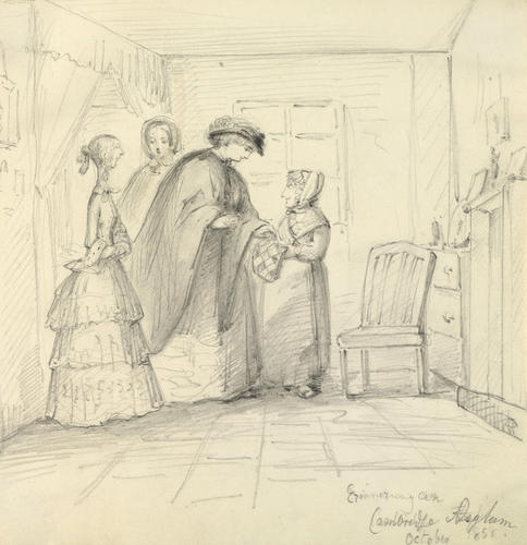 At Cambridge Asylum, Princess Mary teaching an old soldier's widow how to make patchwork, October 1858 At Cambridge Asylum, Princess Mary teaching an old soldier's widow how to make patchwork, October 1858