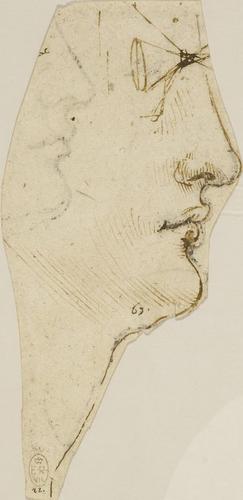 Recto: The head of a man with a diagram in place of the eye. Verso: The head of a man in profile, and the nose, lips and chin of a man in profile Recto: The head of a man with a diagram in place of the eye. Verso: The head of a man in profile, and the nose, lips and chin of a man in profile