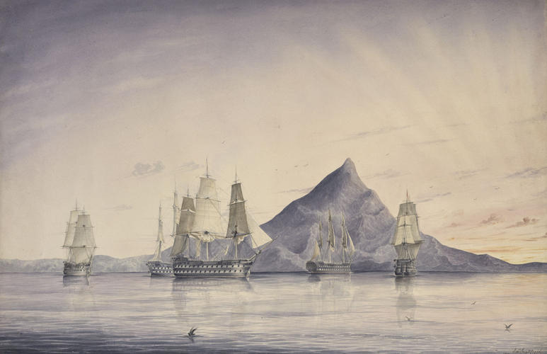 Squadron of five ships lying off Gibraltar, in a calm sea