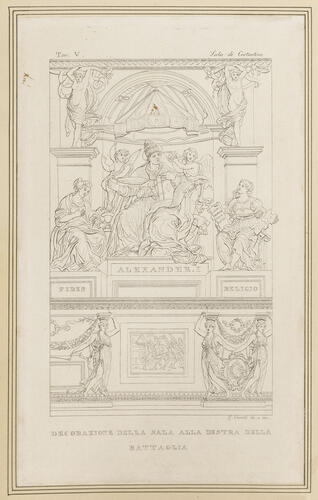 Master: The plan and frescoes of the Sala di Costantino in the Vatican
Item: A niched pope enthroned between the allegorical figures of Faith and Religion