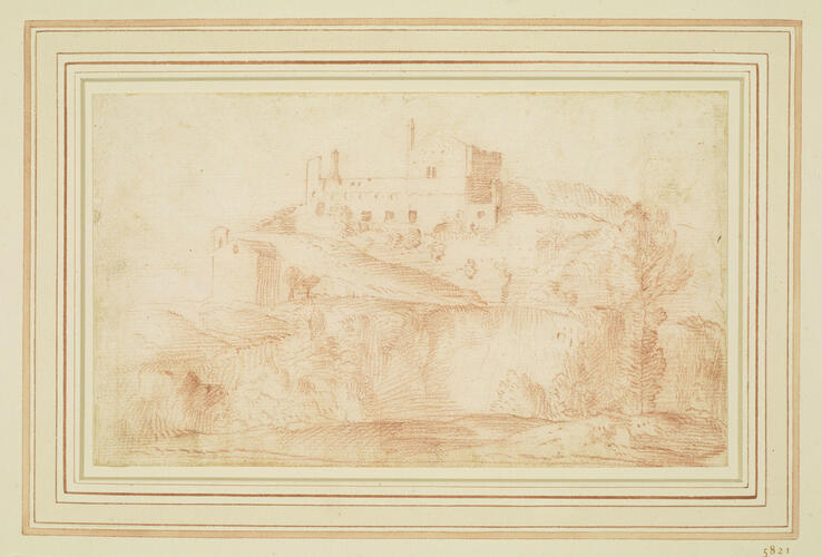 A landscape with a ruined building on a hill A landscape with a ruined building on a hill
