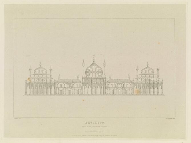 Master: Illustrations of Her Majesty's Palace at Brighton; formerly the Pavilion: executed by the Command of King George the Fourth, under the Superintendence of John Nash, Esq. , architect : to which is prefixed, A History of the Palace, by Edward Wedlake Brayley, Esq. , F. S. A.
Item: The Steyne Front as Originally Designed