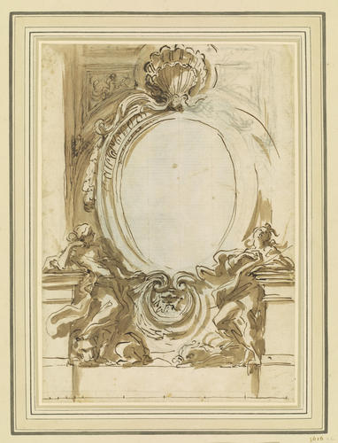 Two allegorical figures below an oval frame