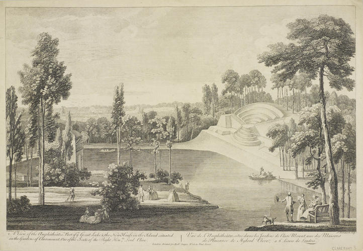 Master: Claremont.
Item: A View of the Amphitheatre, Part of the Great Lake & the New House in the Island situated in the Gardens of Claremont, One of the Seats of the Right Honble Lord Clive