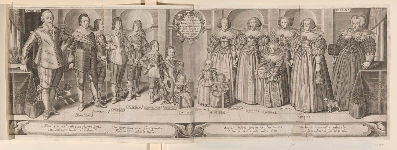 [Moritz, Landgrave of Hesse-Kassel and Juliana of Nassau-Dilenburg, Landgravine of Hesse-Kassel with their fourteen children]