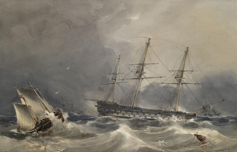 HMS 'Thunderer' off Walmer Castle in a rough sea, November 1842