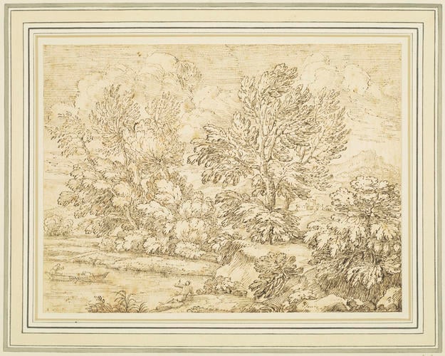 A wooded landscape with a river and a boat A wooded landscape with a river and a boat