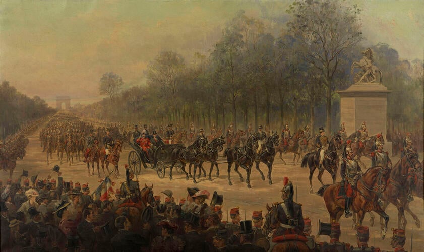 King Edward VII and M Loubet, President of the French Republic, driving through the Champs Elysées