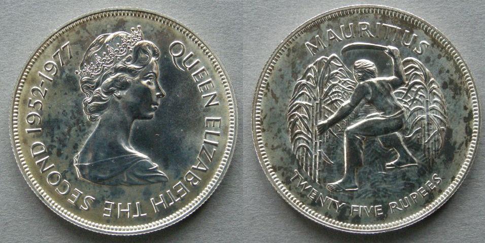 Mauritius. 25 rupees, 1977. Commemorating the Silver Jubilee of H. M. Queen Elizabeth II Mauritius. 25 rupees, 1977. Commemorating the Silver Jubilee of H. M. Queen Elizabeth II