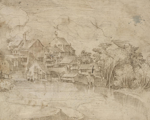 A landscape with domestic buildings and a stream A landscape with domestic buildings and a stream