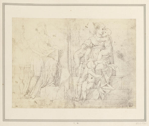 Two seated women: one holding a staff-cross (left), and the other with three children (right)