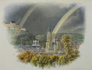 A view of Coburg and the Veste Coburg, with two rainbows