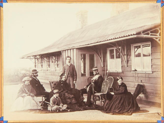 Group at Head Quarter Hut. [Souvenirs of soldiering at the Camp Curragh / by EDF]