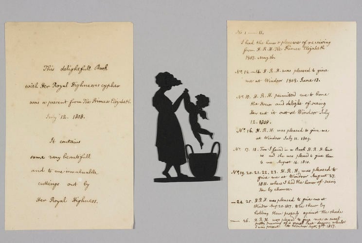 Master: A Book of cuttings made by Princess Elizabeth, daughter of George III, and by Theodore Tharp, and given by the Princess to Lady Banks
Item: Note recording the presentation of a notebook