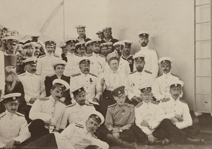 Queen Olga of the Hellenes with a group of naval officers
