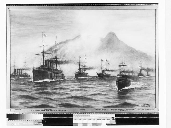 Royal Yacht Victoria and Albert [III], HMS Aboukur, HMS Bacchante, and six other ships (leaving ?Gibraltar)