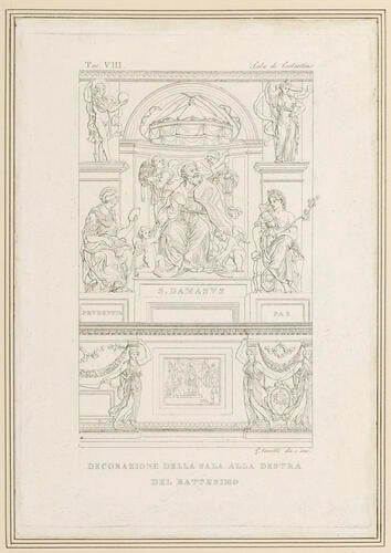 Master: The plan and frescoes of the Sala di Costantino in the Vatican
Item: Pope Damasus I between the allegorical figures of Prudence and Peace
