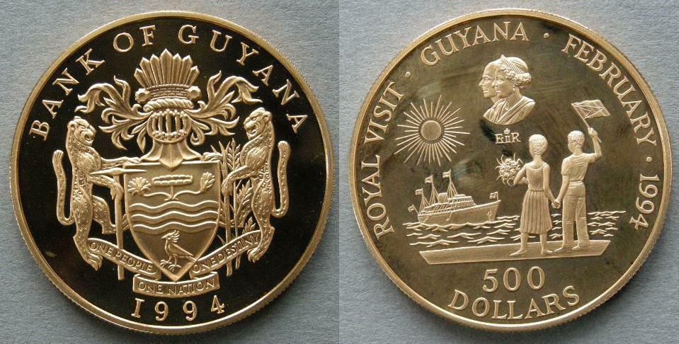 Guyana. Proof gold 500 Dollars, 1994, commemorating the Royal Visit, February 1994