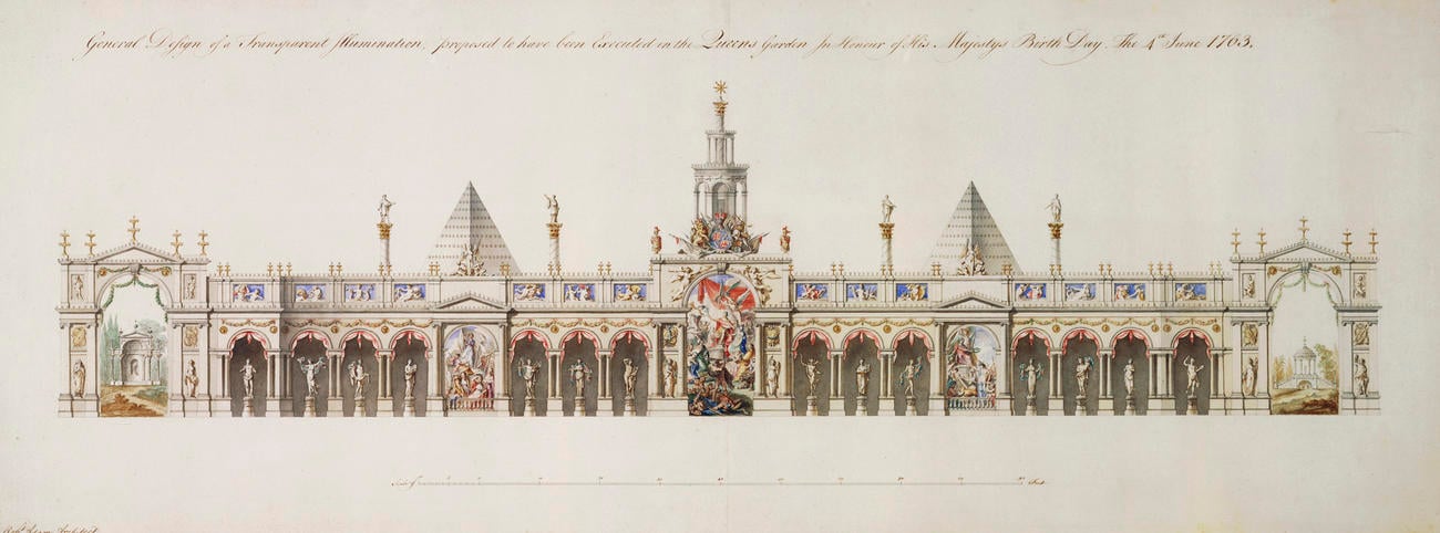 Master: The Illuminations at Buckingham House for the King's Birthday, 1763.
Item: General Design of a Transparent Illumination, proposed to have been Executed in the Queen's Garden in Honour of His M