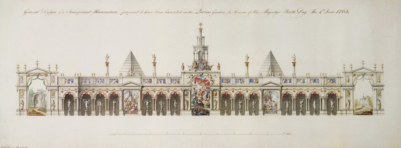 Master: The Illuminations at Buckingham House for the King's Birthday, 1763.
Item: General Design of a Transparent Illumination, proposed to have been Executed in the Queen's Garden in Honour of His Majesty's Birthday, The 4th June 1763