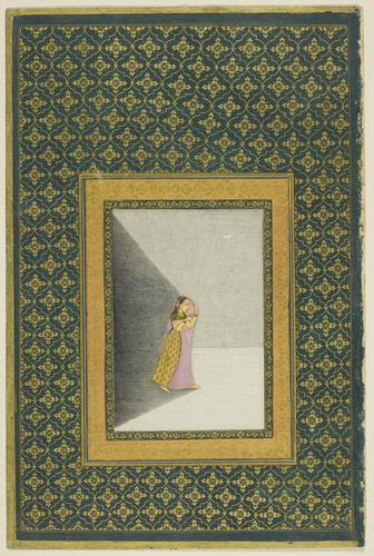 Master: A late Mughal album of calligraphy and paintings.
Item: Mughal painting of a lady holding a lamp and calligraphy by Abd al-Rashid Daylami