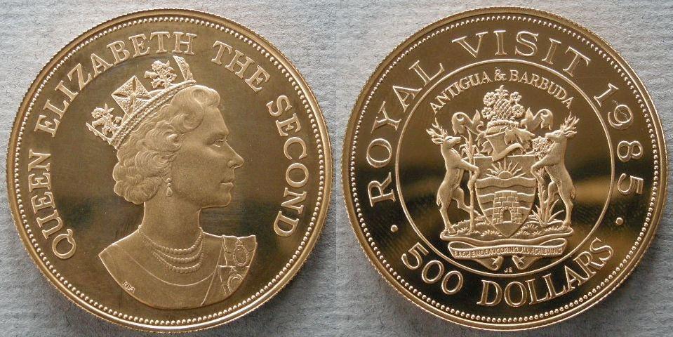 Antigua. Proof 500 dollars commemorating the Royal Visit of H. M. the Queen to Antigua